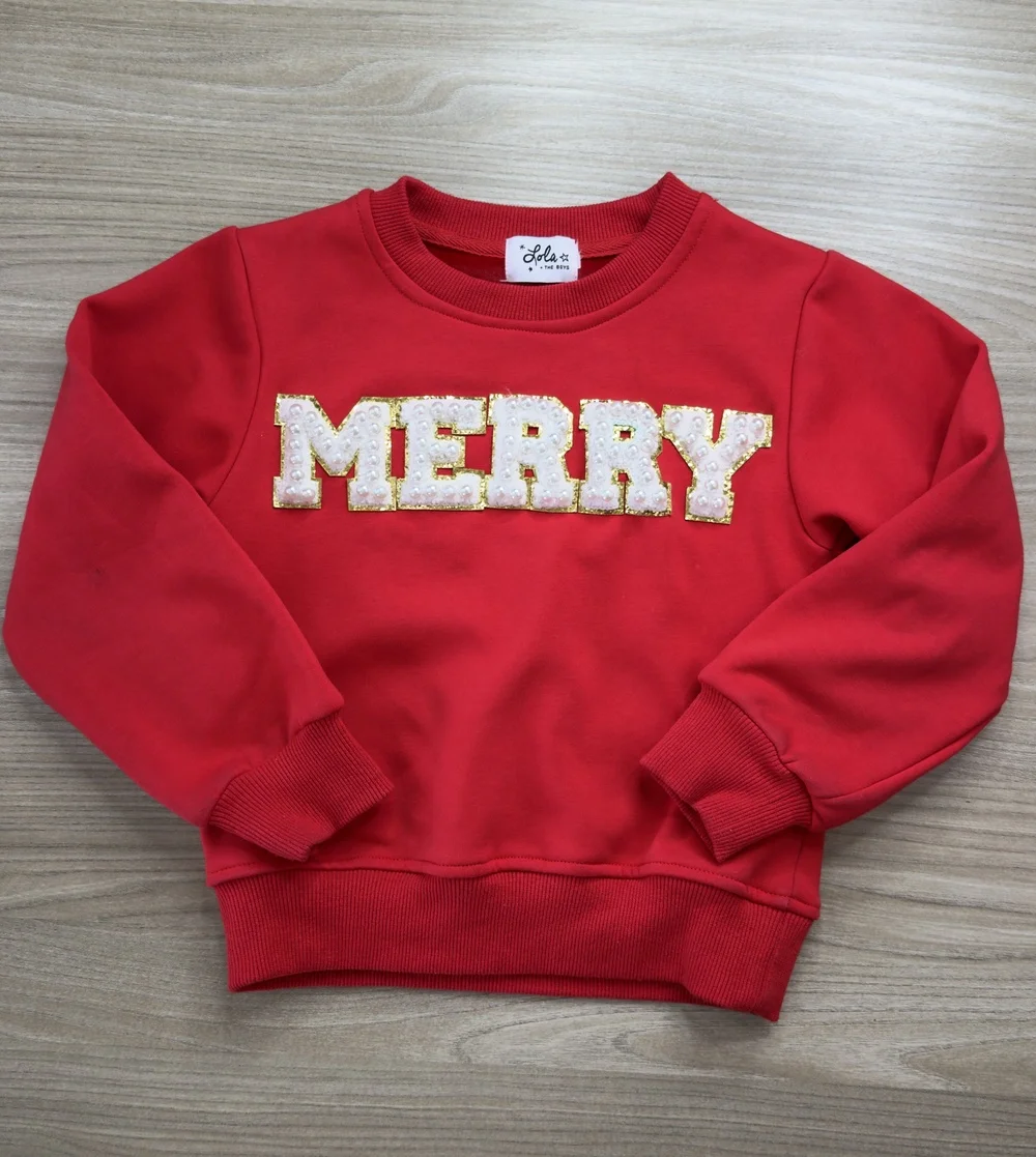 Christmas Merry Lola + The Boys Girls Sweatshirt Red 5T Pearl Embellished